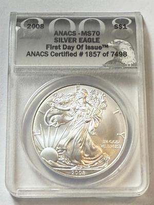 ANACS CERTIFIED 2008 MS70 SILVER EAGLE DOLLAR 1-OUNCE .999 COIN AS PICTURED.