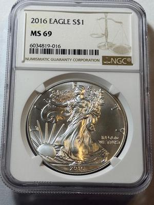 NGC CERTIFIED 2016 MS69 SILVER EAGLE DOLLAR 1-OUNCE .999 COIN AS PICTURED.