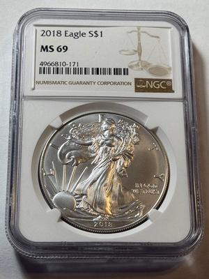 NGC CERTIFIED 2018 MS69 SILVER EAGLE DOLLAR 1-OUNCE .999 COIN AS PICTURED.