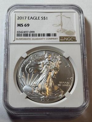NGC CERTIFIED 2017 MS69 SILVER EAGLE DOLLAR 1-OUNCE .999 COIN AS PICTURED.