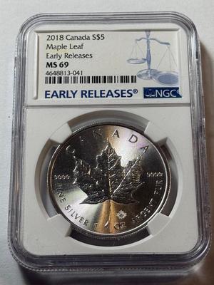 NGC CERTIFIED CANADA 2018 MS69 MAPLE LEAF 1-OUNCE SILVER COIN AS PICTURED.