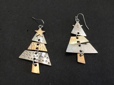 New Christmas Tree Earrings. Silver and Gold. Tone