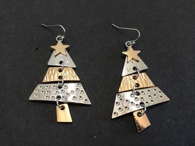 New Christmas Tree Earrings. Silver and Gold. Tone