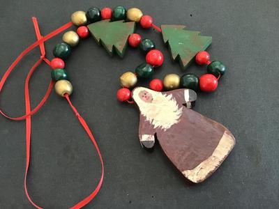 Wood Bead Santa Necklace on Ribbon