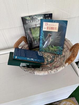 Bench, rug, basket & books