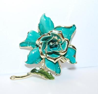 Enameled AQUAMARINE ROSE FLOWER BROOCH (3" x 2") with Stem & Green Leaf on a Gold Tone Setting