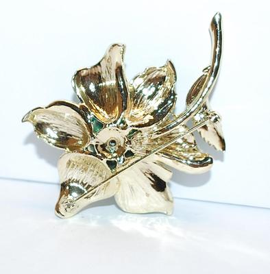 Enameled AQUAMARINE ROSE FLOWER BROOCH (3" x 2") with Stem & Green Leaf on a Gold Tone Setting