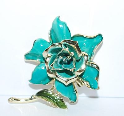 Enameled AQUAMARINE ROSE FLOWER BROOCH (3" x 2") with Stem & Green Leaf on a Gold Tone Setting