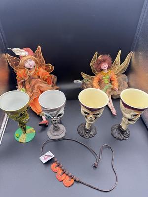 Halloween Collection: 4 Skeleton Plastic Goblets, 2 Woodland Fairy Dolls & a Pumpkin Necklace