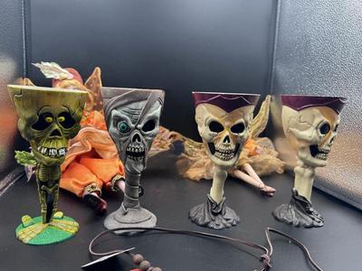 Halloween Collection: 4 Skeleton Plastic Goblets, 2 Woodland Fairy Dolls & a Pumpkin Necklace