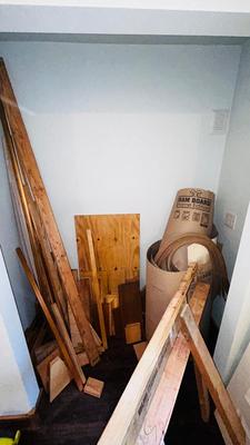 SCRAP LUMBER FOR PROJECTS, SAS HORSES, GOOD SIZED ROLL OF RAM BOARD AND DRYWALL SHIMS