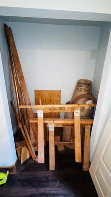 SCRAP LUMBER FOR PROJECTS, SAS HORSES, GOOD SIZED ROLL OF RAM BOARD AND DRYWALL SHIMS