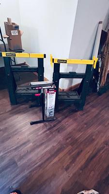 NEAT AND CONVENIENT STANLEY FOLDING SAWHORSES AND HAUL MASTER ROLLER STAND