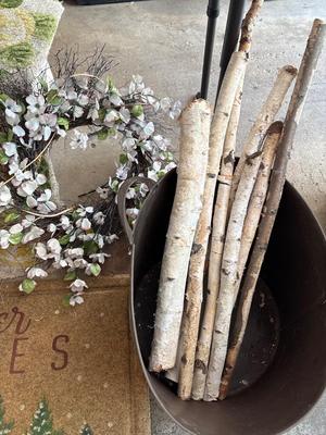 Fall flowers, two wreaths, two rugs, birch, and tote