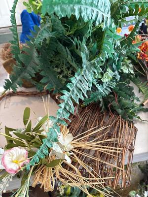 Fall flowers, two wreaths, two rugs, birch, and tote