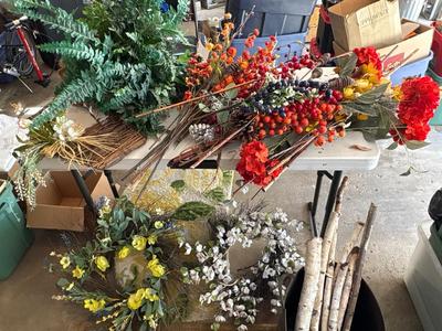 Fall flowers, two wreaths, two rugs, birch, and tote