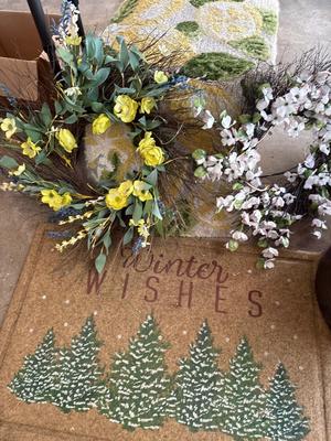 Fall flowers, two wreaths, two rugs, birch, and tote