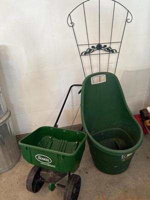Scott’s fertilizer spreader, garden cart & trellis