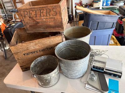 Vintage Peter’s Ammmunition box, Brown’s grocery wood box, metal pail, and vintage dictation machine