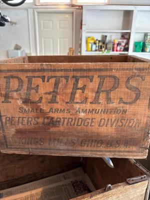 Vintage Peter’s Ammmunition box, Brown’s grocery wood box, metal pail, and vintage dictation machine