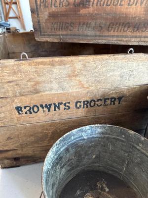 Vintage Peter’s Ammmunition box, Brown’s grocery wood box, metal pail, and vintage dictation machine