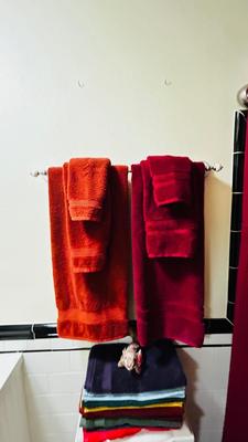 TOWEL SETS, SHOWER CURTAIN AND NICE CHROME CURVED ROD, TRASH CAN AND TOILET BRUSH HOLDER