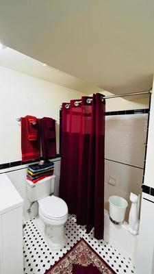 TOWEL SETS, SHOWER CURTAIN AND NICE CHROME CURVED ROD, TRASH CAN AND TOILET BRUSH HOLDER