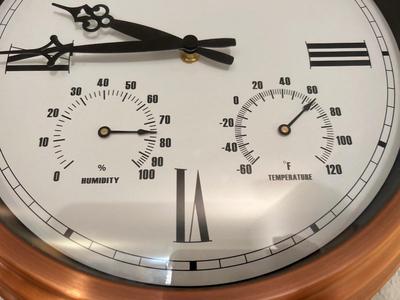 COPPER FRAMED WALL CLOCK AND LAVATORY SIGN