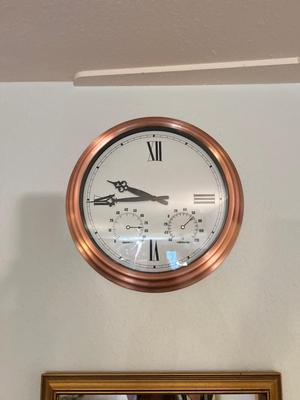 COPPER FRAMED WALL CLOCK AND LAVATORY SIGN