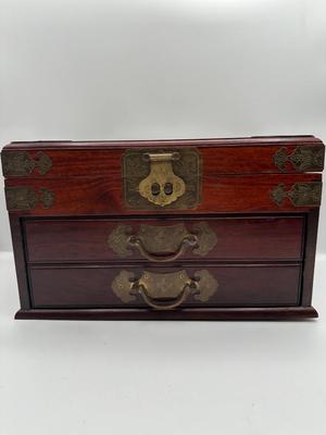 Large Chinese Brass & Wood Jewelry Box (See Details)