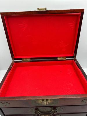 Large Chinese Brass & Wood Jewelry Box (See Details)