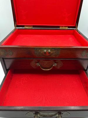 Large Chinese Brass & Wood Jewelry Box (See Details)