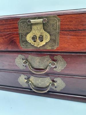 Large Chinese Brass & Wood Jewelry Box (See Details)