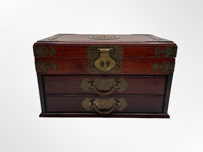 Large Chinese Brass & Wood Jewelry Box (See Details)
