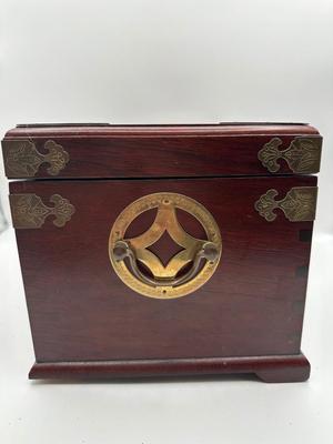 Large Chinese Brass & Wood Jewelry Box (See Details)