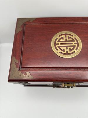 Large Chinese Brass & Wood Jewelry Box (See Details)