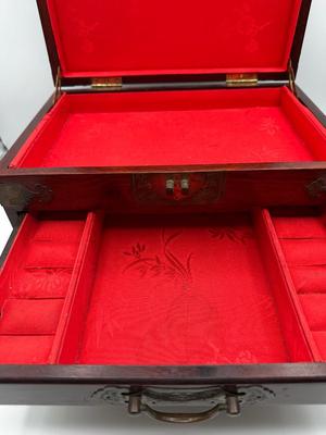 Large Chinese Brass & Wood Jewelry Box (See Details)