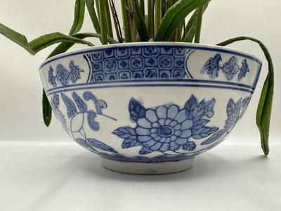 Bombay Company Blue & White Porcelain Bowl with Faux White Flowers