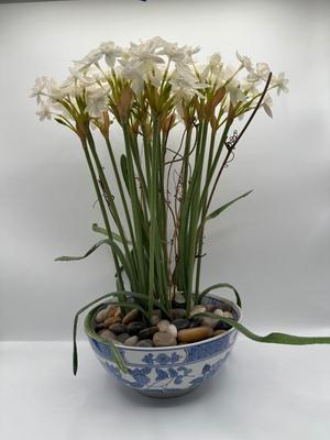 Bombay Company Blue & White Porcelain Bowl with Faux White Flowers