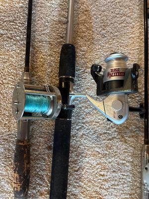 Sale Photo Thumbnail #565: Fishing poles, tennis rackets, solid ski, golf balls, and tees