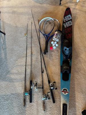 Sale Photo Thumbnail #561: Fishing poles, tennis rackets, solid ski, golf balls, and tees