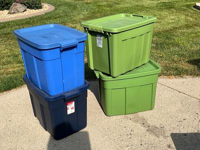 3 Rubbermaid 1 Sterilite heavy duty totes, 18gal