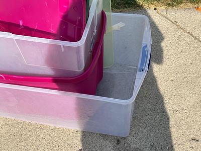 Three totes, top one 56qt, 18gal, 22gl