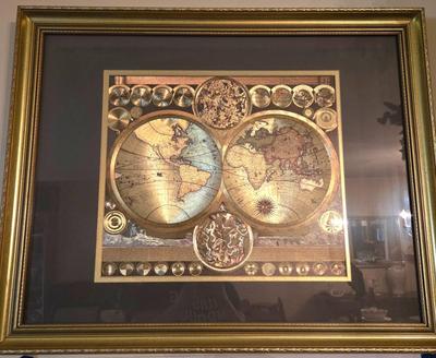 LOT 50L: Framed Gold-Tone Foil World Map