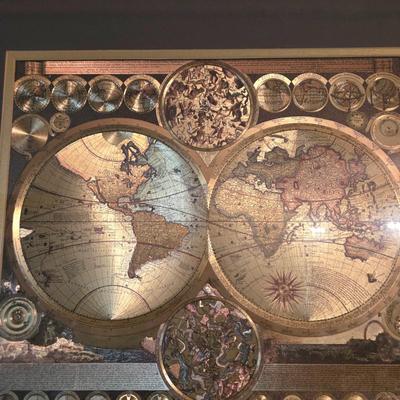 LOT 50L: Framed Gold-Tone Foil World Map