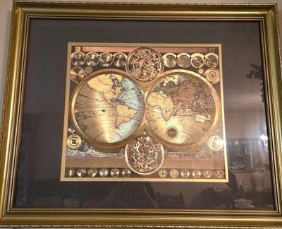 LOT 50L: Framed Gold-Tone Foil World Map