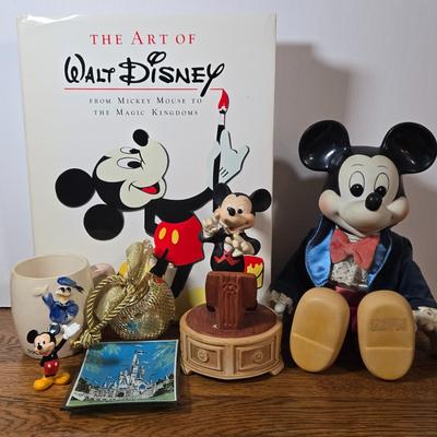 LOT 54D: The Art of Disney Book, Donald Duck Mug, Miniature Mickey Mouse Figure, Disney World Trinket Tray, Mickey Conductor Music Box,...