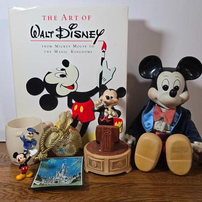 LOT 54D: The Art of Disney Book, Donald Duck Mug, Miniature Mickey Mouse Figure, Disney World Trinket Tray, Mickey Conductor Music Box,...