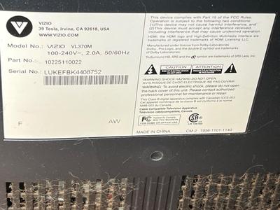 LOT 88C: Vizio 37" Flat Screen TV - VL370M