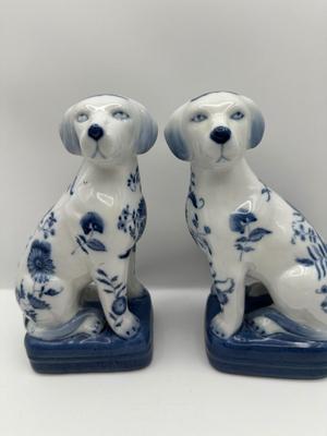 Pair of Blue & White Porcelain Dog Figurines